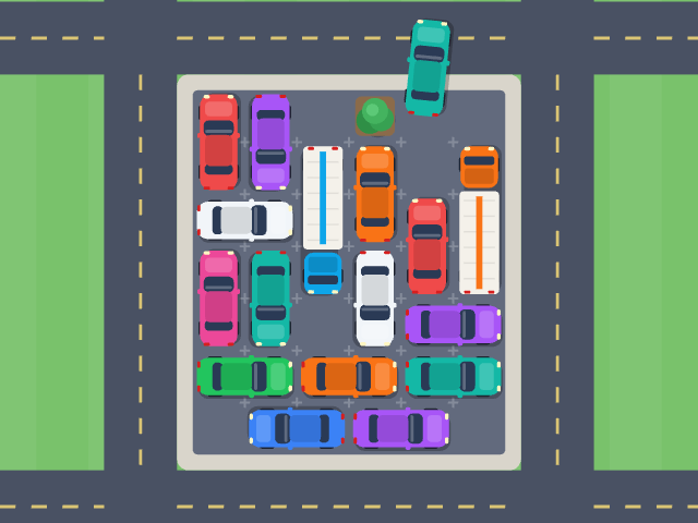 A packed parking lot of colorful cars and trucks, with one car pulling out onto the road