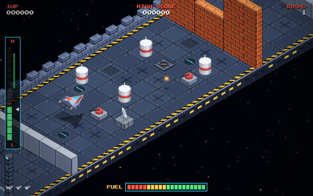 A white jet and its shadow flying over an isometric fortress of fuel tanks, gun turrets and an orange wall with a gap